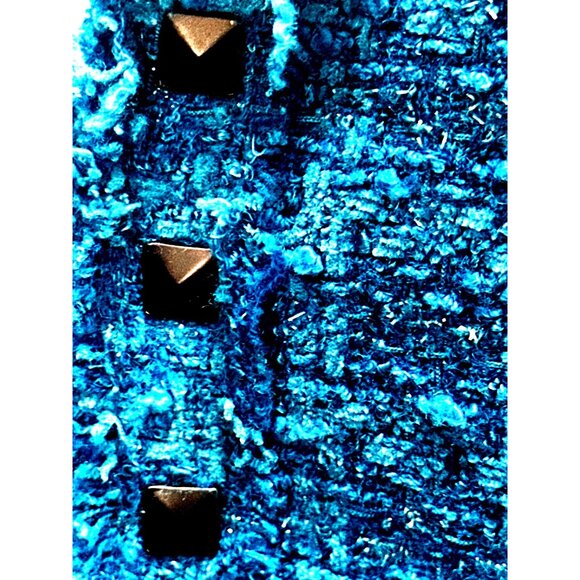 Alberto Makali Size 12 Teal Blue Boucle Studded Cropped Tweed Fringe Blazer Chic - Picture 8 of 11